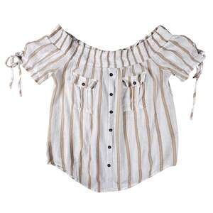 Sweet Wanderer Off Shoulder Top Womens L White Striped Blouse Neutral Rayon